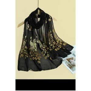 Black Scarf gold peacock long sheer evening gift women head neck wedding party